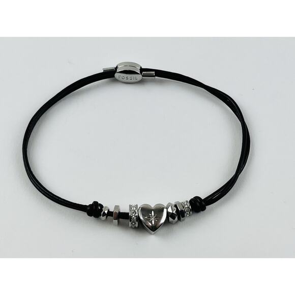 Fossil Boho Heart Silver Beads Brown Pull Cord Bracelet Adjustable Rhinestones - Picture 12 of 12